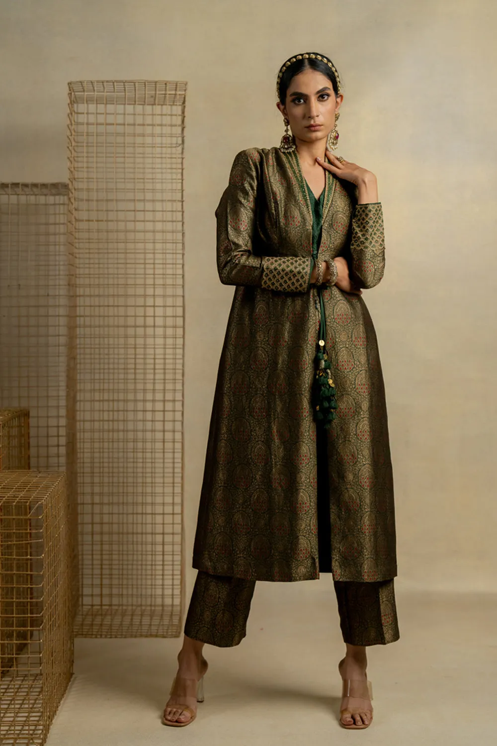 Mehndi Brocade Jacket And Pants With Embroidered Boostier