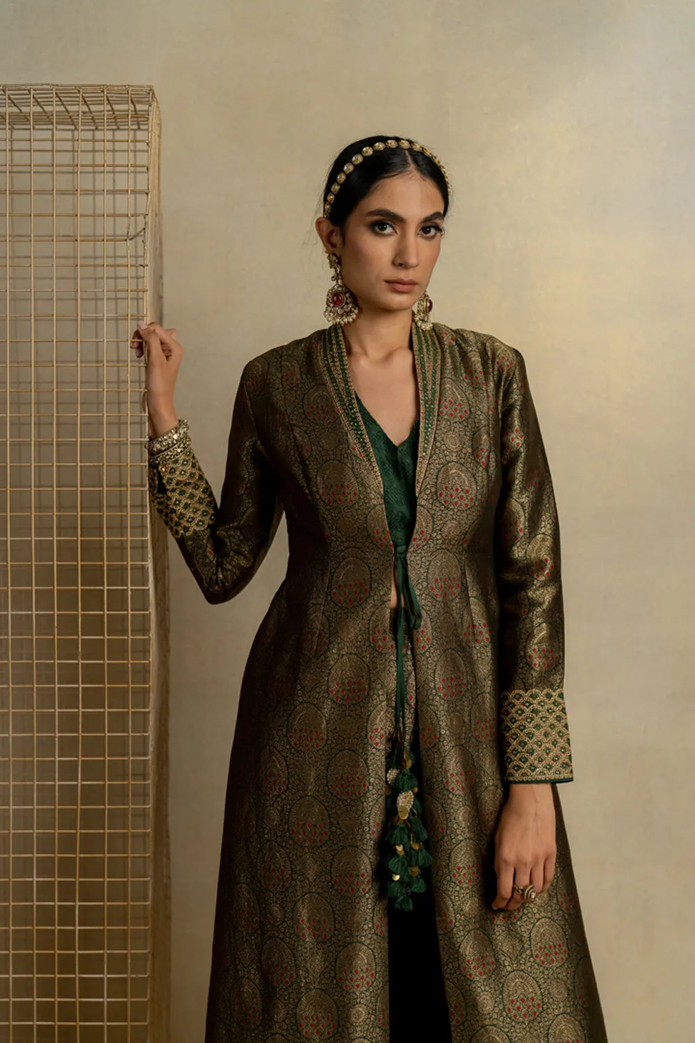 Mehndi Brocade Jacket And Pants With Embroidered Boostier
