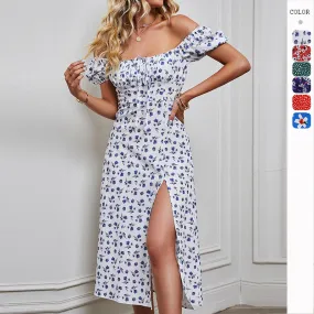 New Strapless Backless Bubble Sleeve Printed Dress