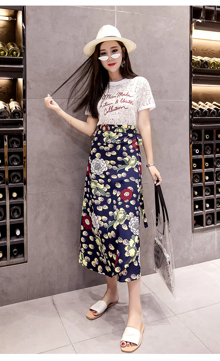 One-Piece Skirt Women Summer Lace Chiffon Mid-Length Floral Seaside Holiday Beach Skirt