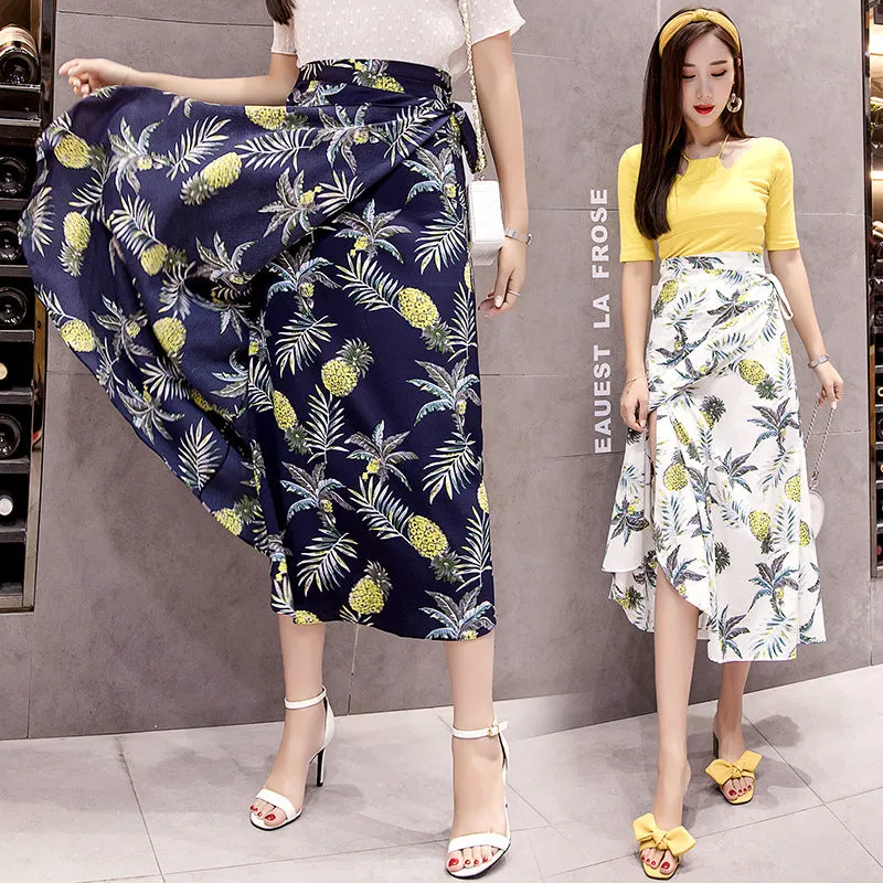 One-Piece Skirt Women Summer Lace Chiffon Mid-Length Floral Seaside Holiday Beach Skirt