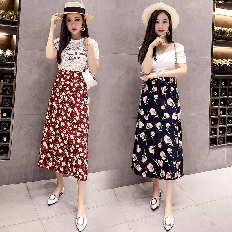One-Piece Skirt Women Summer Lace Chiffon Mid-Length Floral Seaside Holiday Beach Skirt