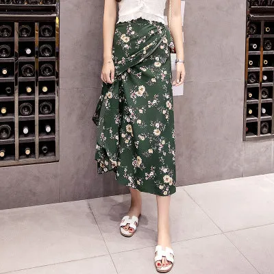 One-Piece Skirt Women Summer Lace Chiffon Mid-Length Floral Seaside Holiday Beach Skirt