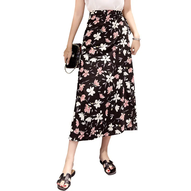 One-Piece Skirt Women Summer Lace Chiffon Mid-Length Floral Seaside Holiday Beach Skirt