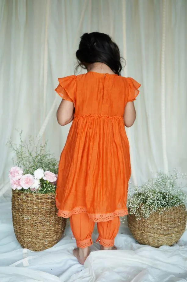 Orange Zinnia Chanderi Frock Style kurta Set For Girls