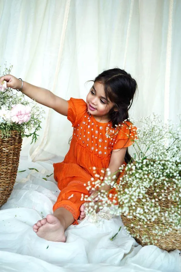 Orange Zinnia Chanderi Frock Style kurta Set For Girls