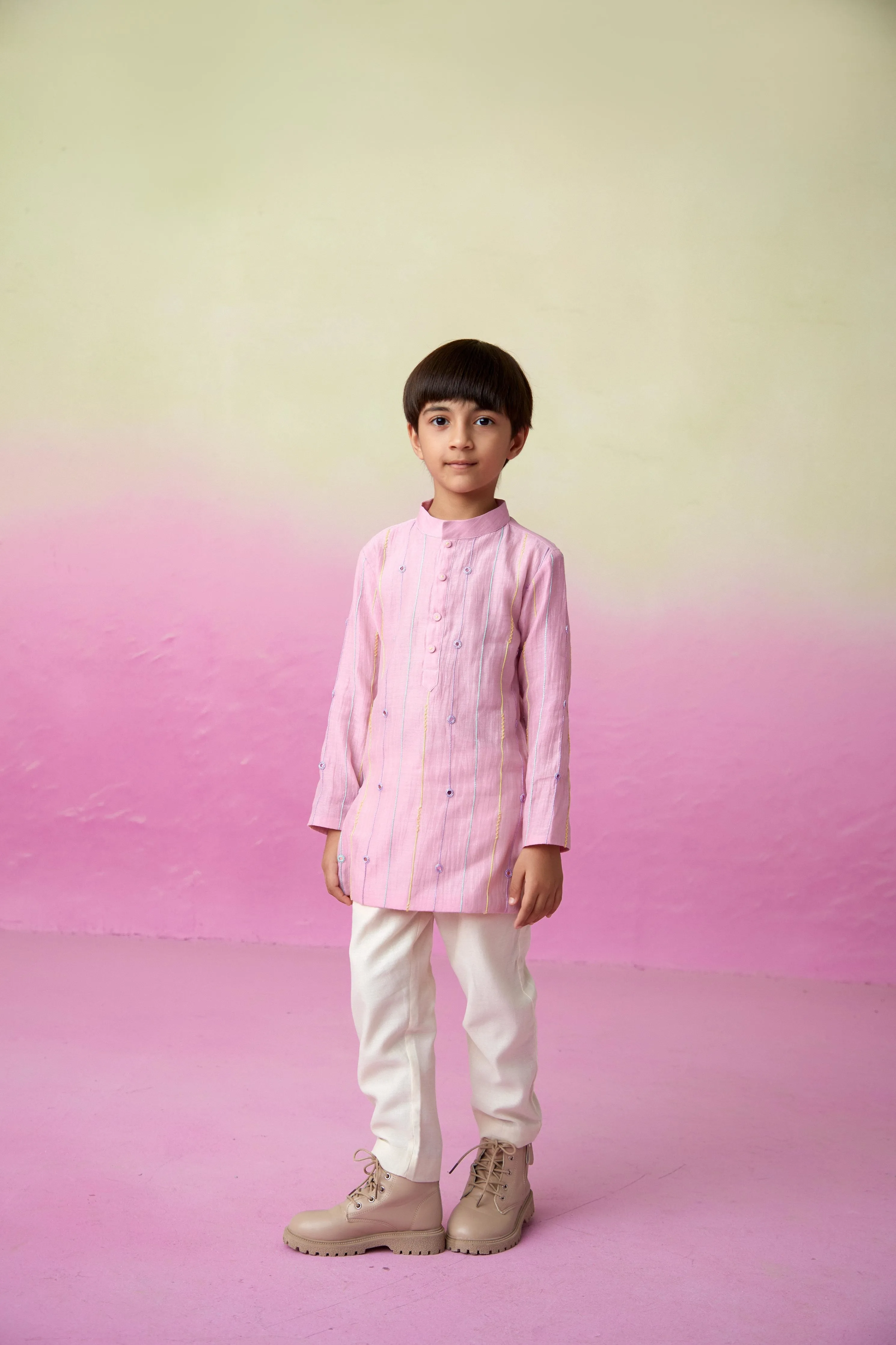 Orchid Pink Hand embroidered Kurta & Pants set for Boys