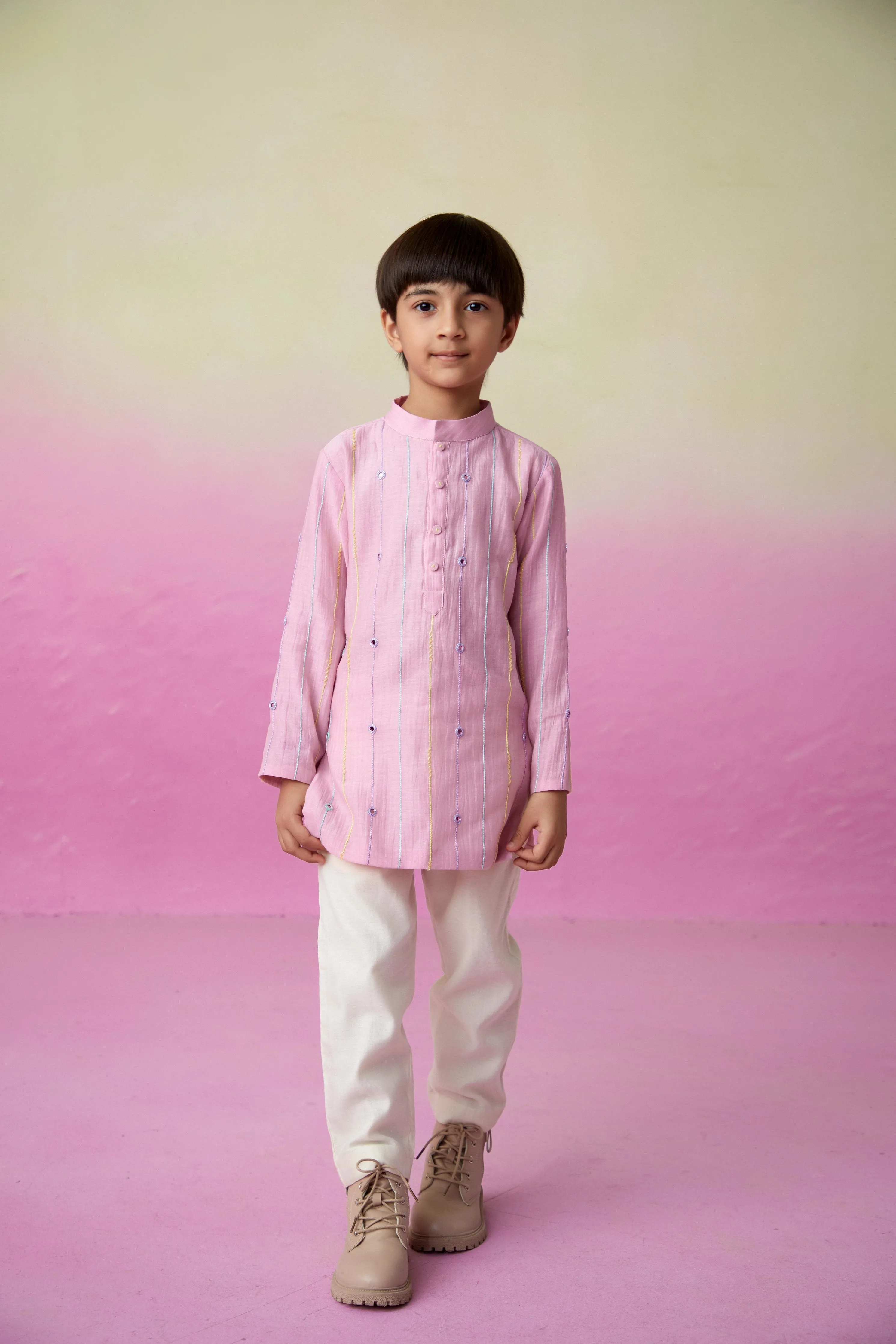 Orchid Pink Hand embroidered Kurta & Pants set for Boys