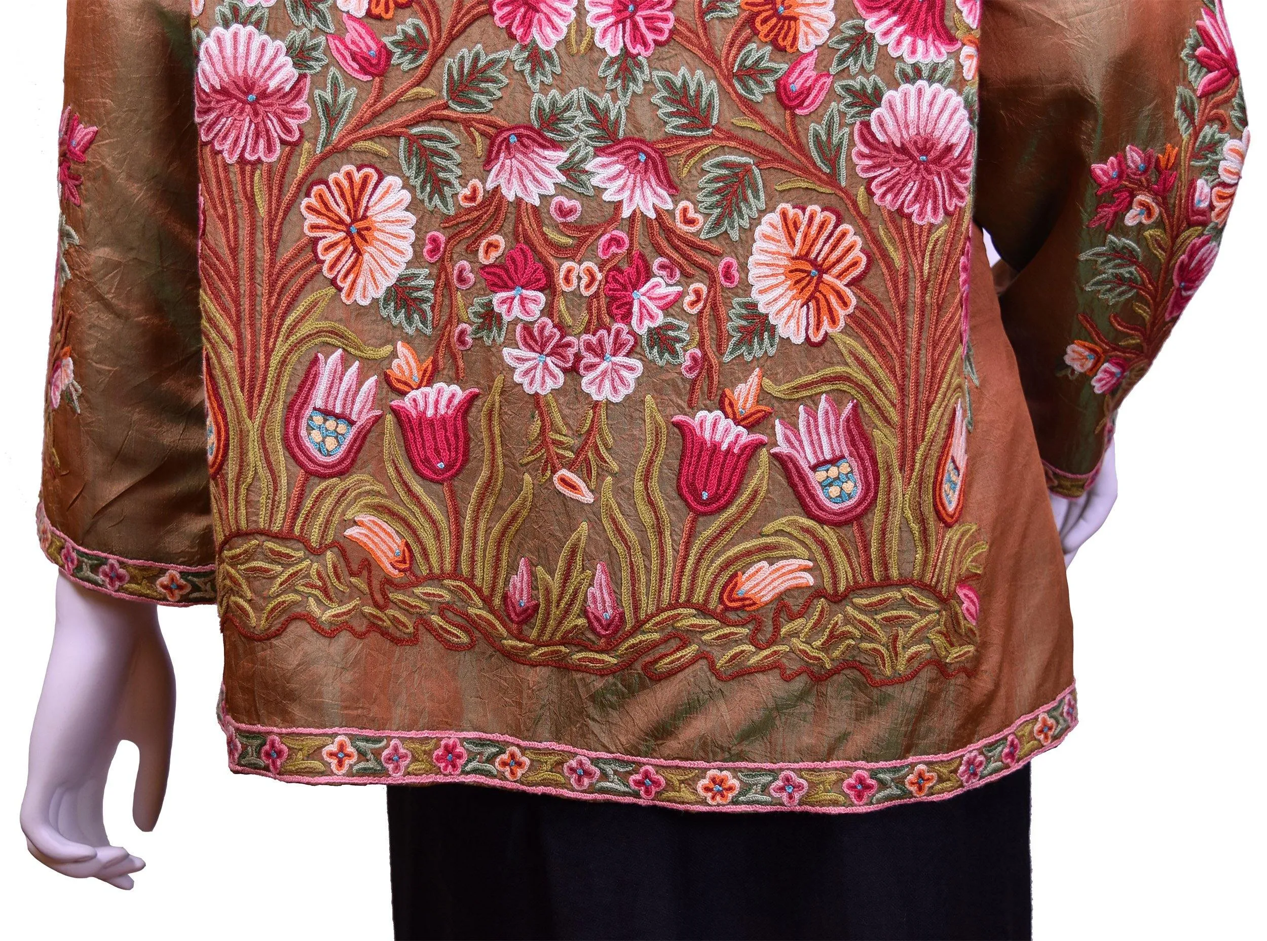 Pheme Spice Brown Silk Dinner Jacket Paisley Evening Dress Coat Hand Embroidered Kashmir