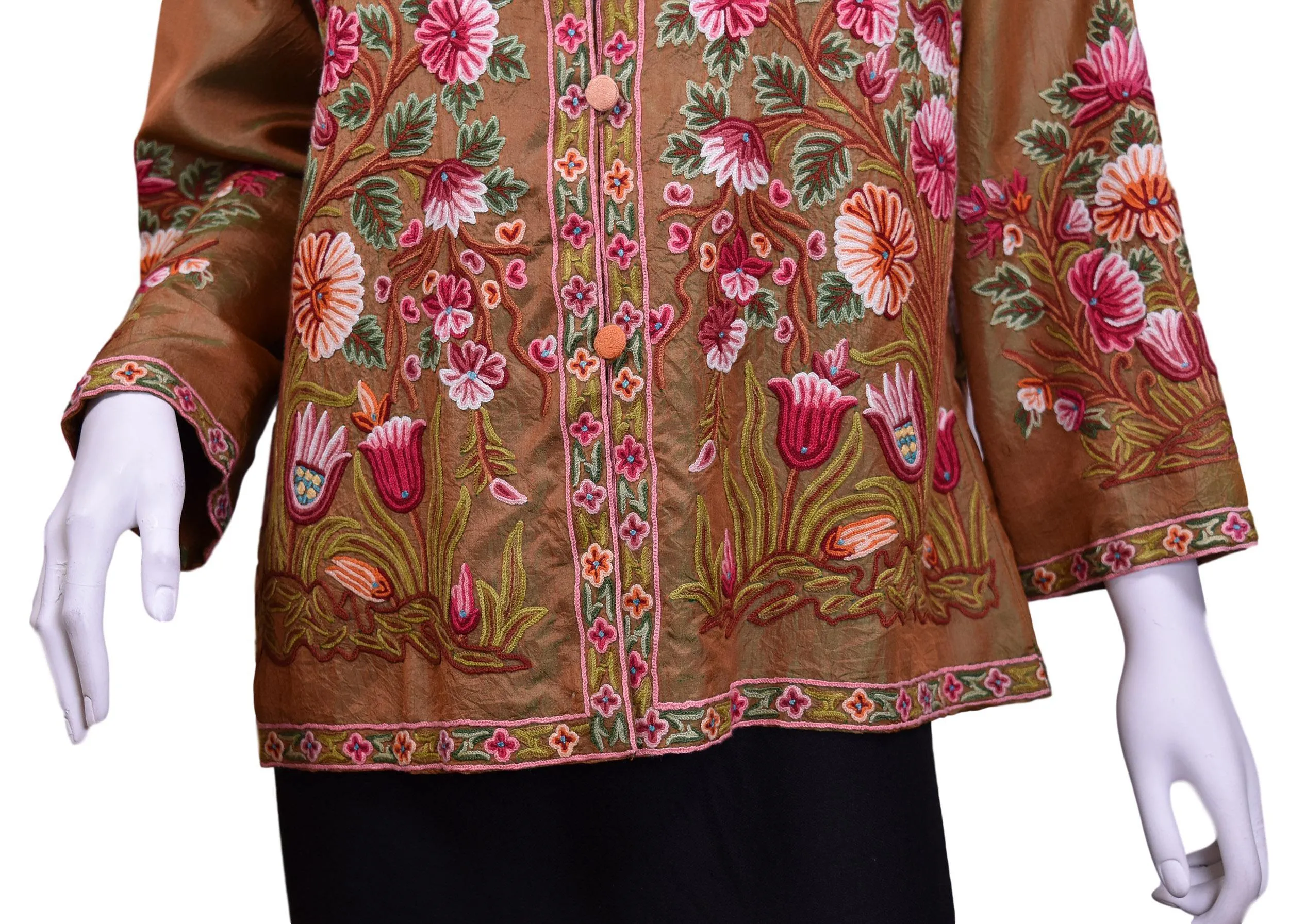 Pheme Spice Brown Silk Dinner Jacket Paisley Evening Dress Coat Hand Embroidered Kashmir