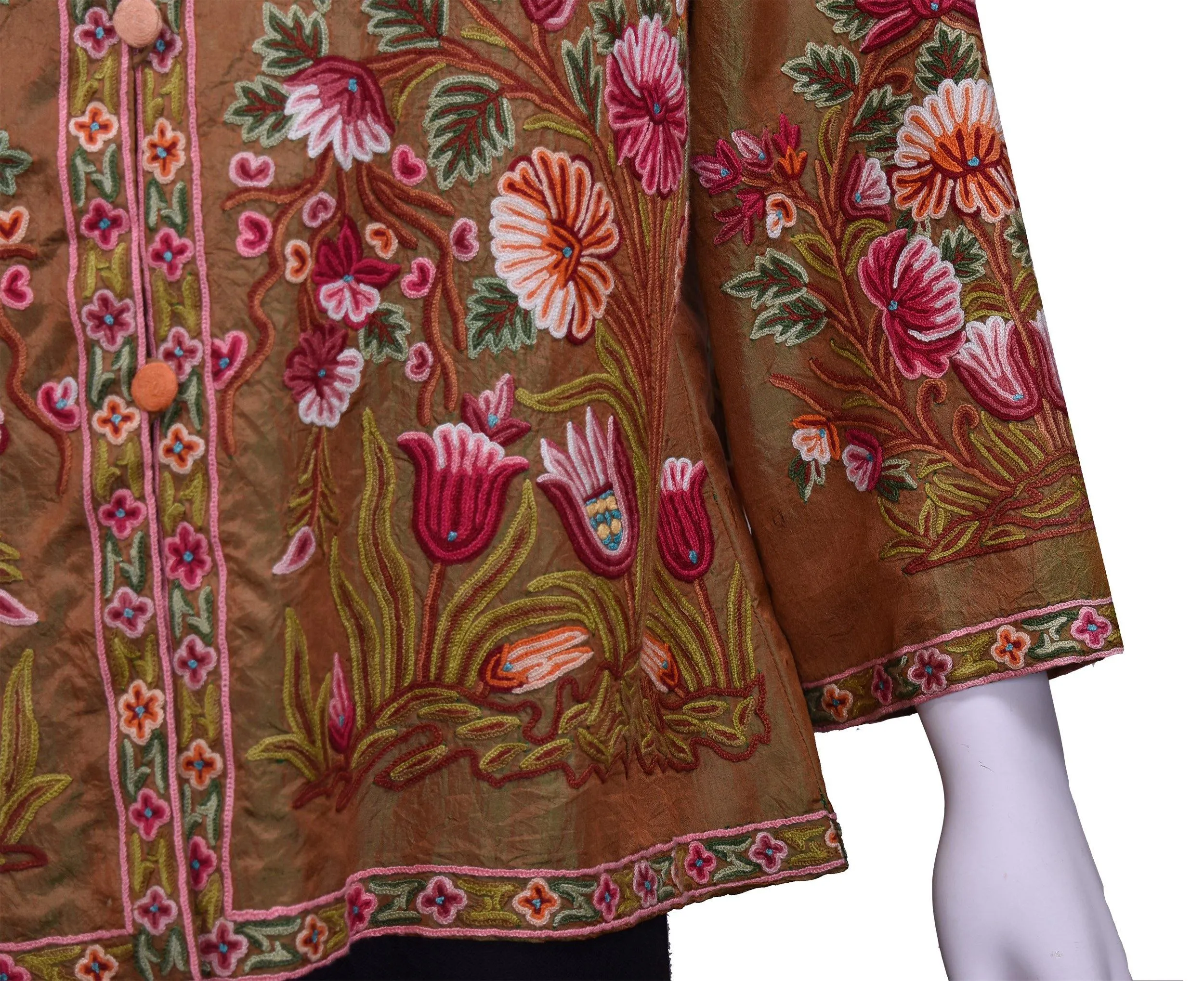 Pheme Spice Brown Silk Dinner Jacket Paisley Evening Dress Coat Hand Embroidered Kashmir