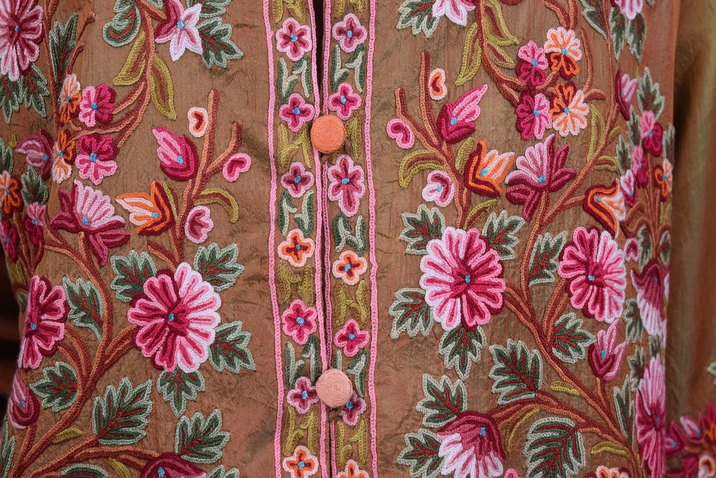 Pheme Spice Brown Silk Dinner Jacket Paisley Evening Dress Coat Hand Embroidered Kashmir