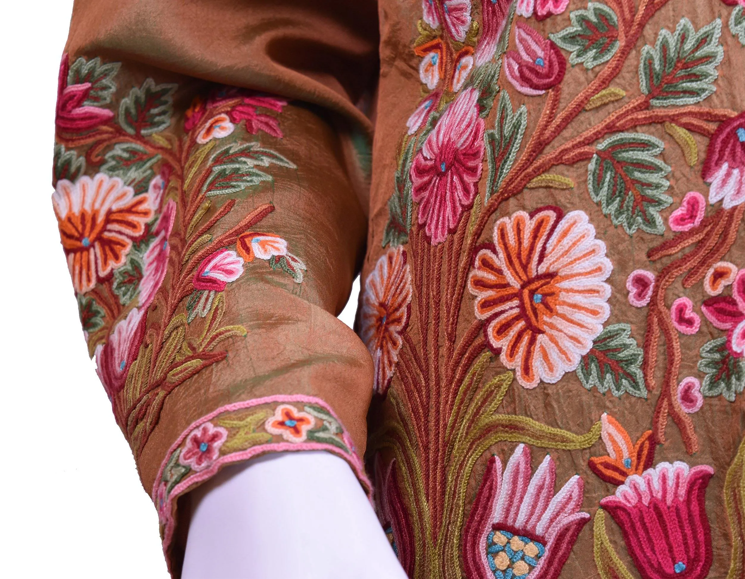 Pheme Spice Brown Silk Dinner Jacket Paisley Evening Dress Coat Hand Embroidered Kashmir