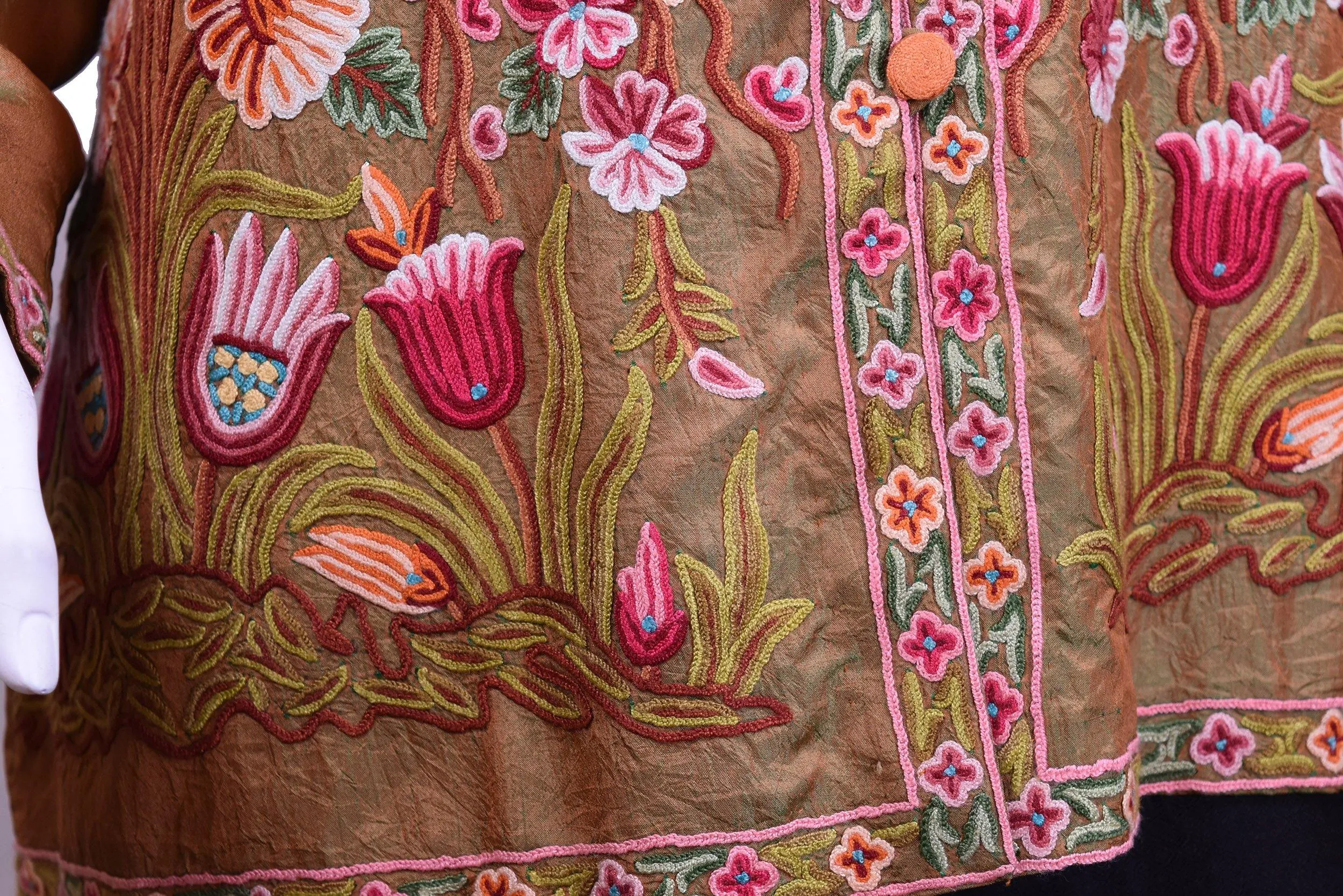 Pheme Spice Brown Silk Dinner Jacket Paisley Evening Dress Coat Hand Embroidered Kashmir