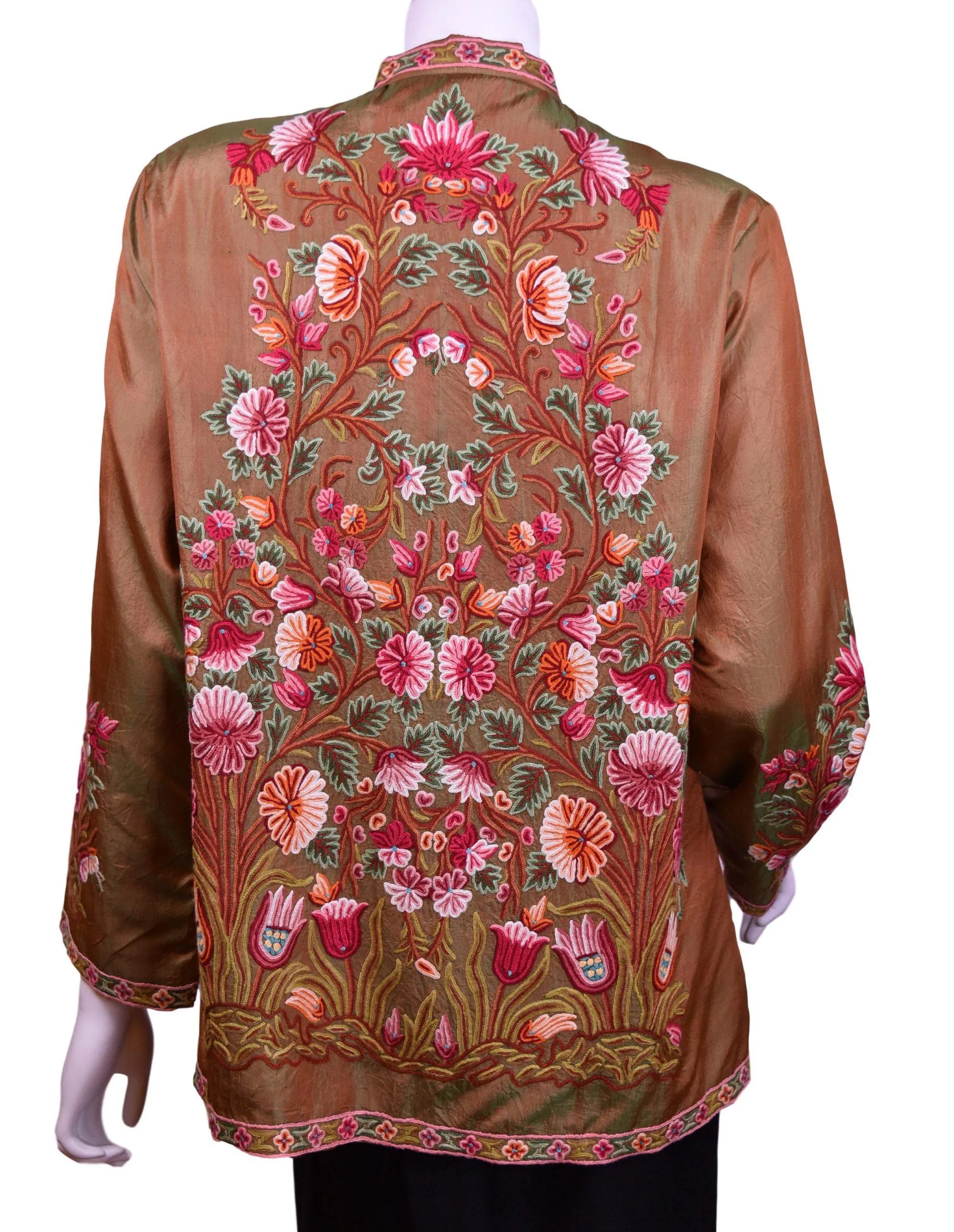 Pheme Spice Brown Silk Dinner Jacket Paisley Evening Dress Coat Hand Embroidered Kashmir