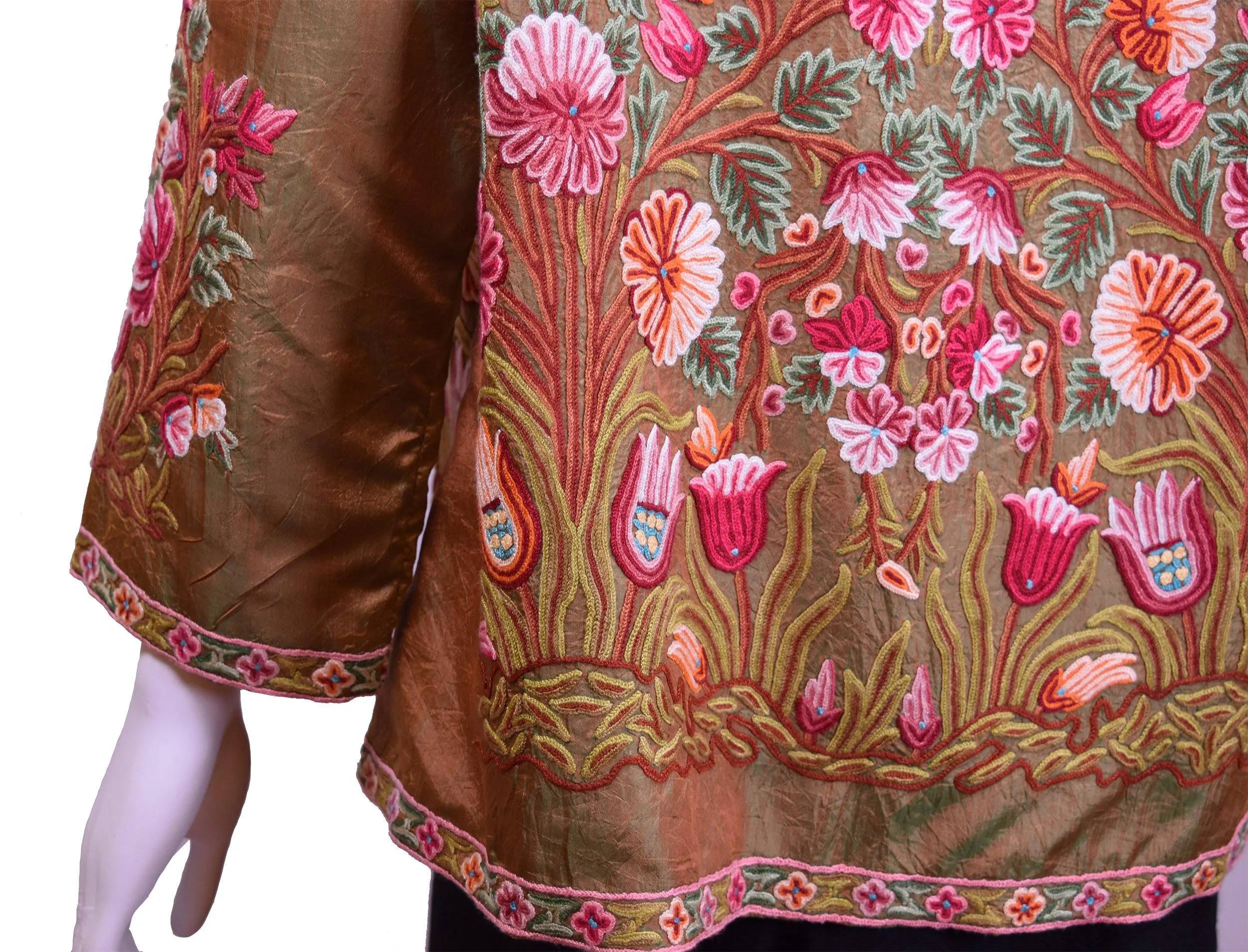 Pheme Spice Brown Silk Dinner Jacket Paisley Evening Dress Coat Hand Embroidered Kashmir