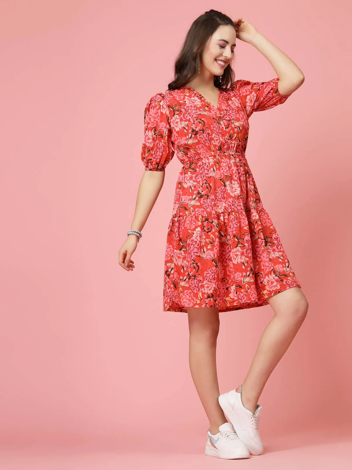 Pink Floral Printed V-Neck Puff Sleeves Gathered A-Line Dress