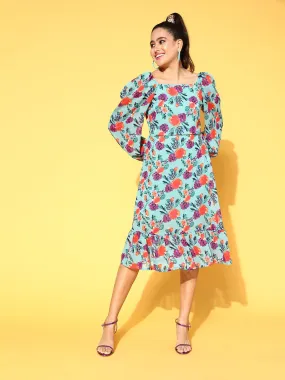 plusS Women Turquoise Blue Floral Volume Play Dress