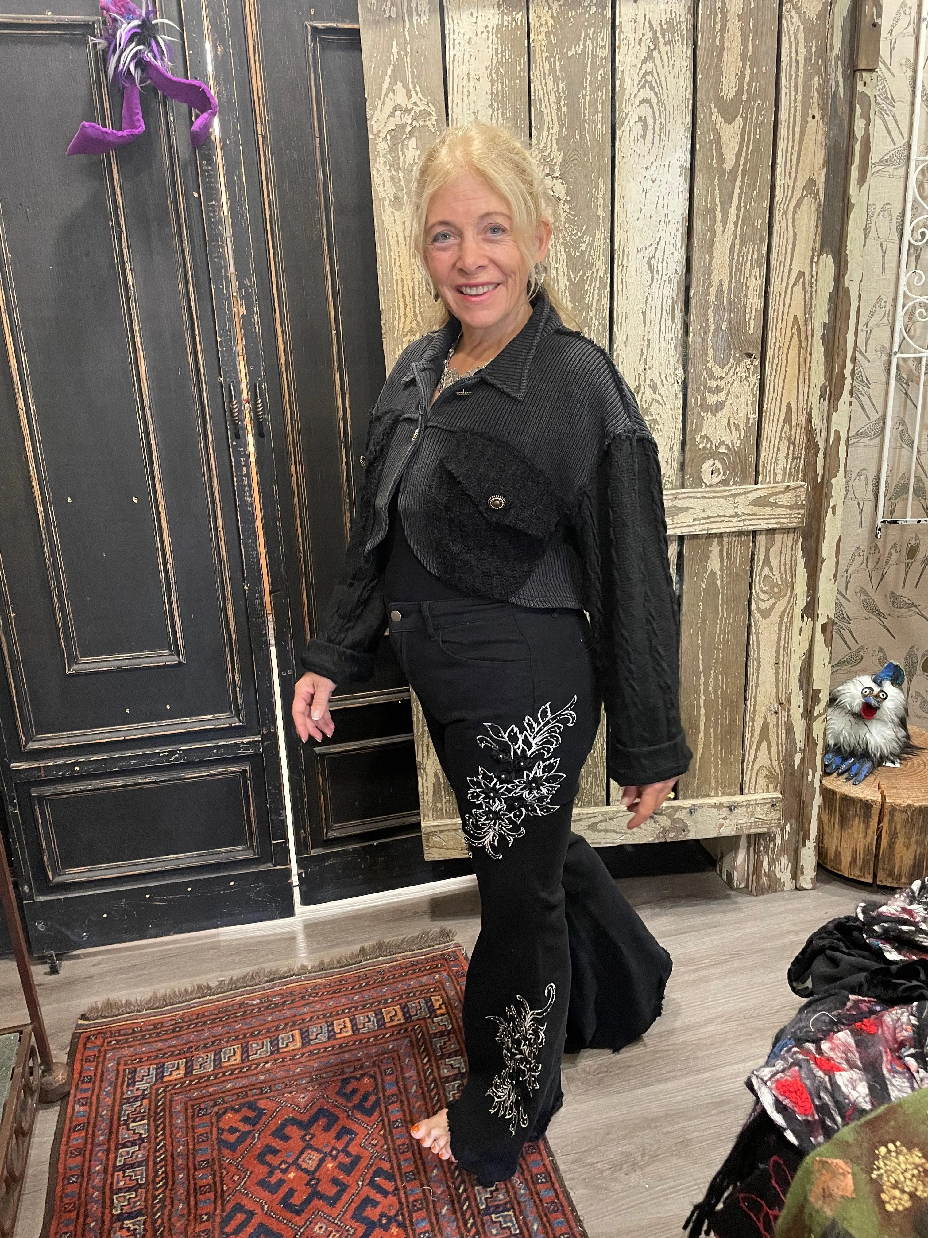 POL Embroidered and Embellished Flare Jean FWP107