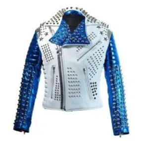 Purchase Best Sale White Blue Studded Leather Stylish Fashion Jacket For Men