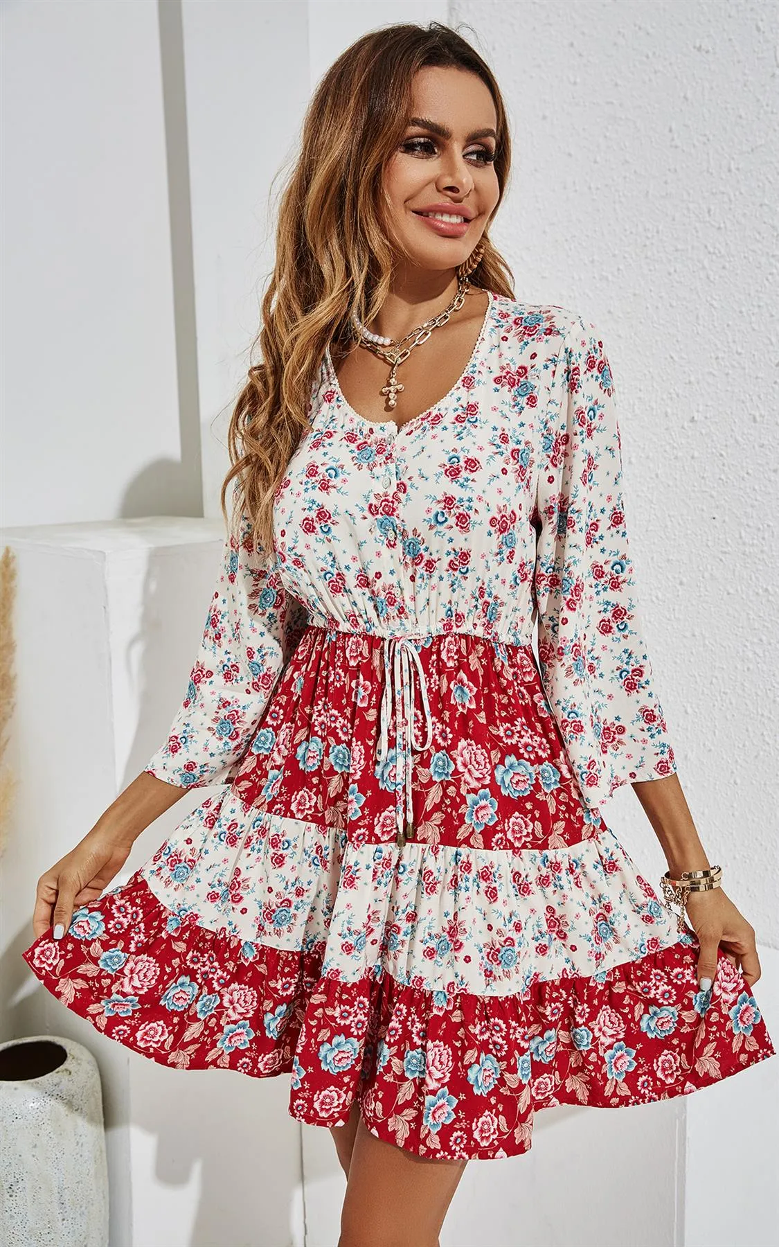 Red Floral Mini Boho Summer Dress In White