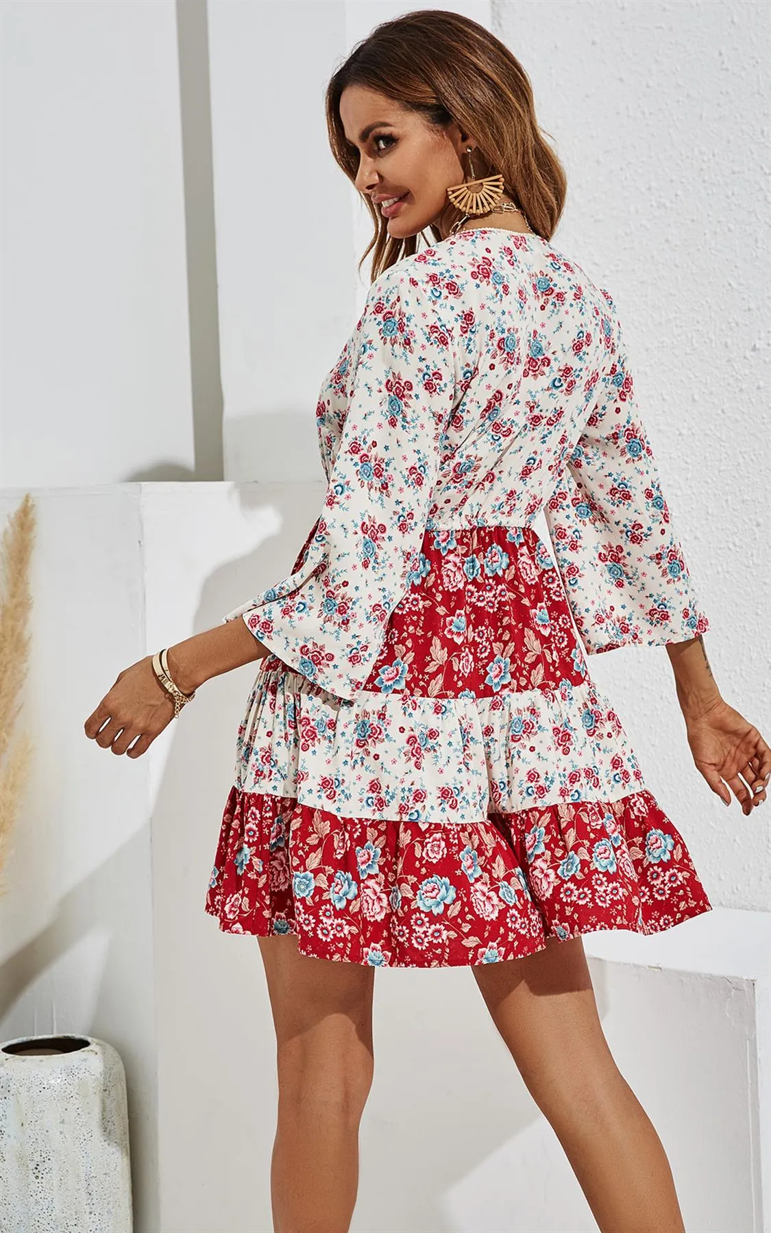 Red Floral Mini Boho Summer Dress In White