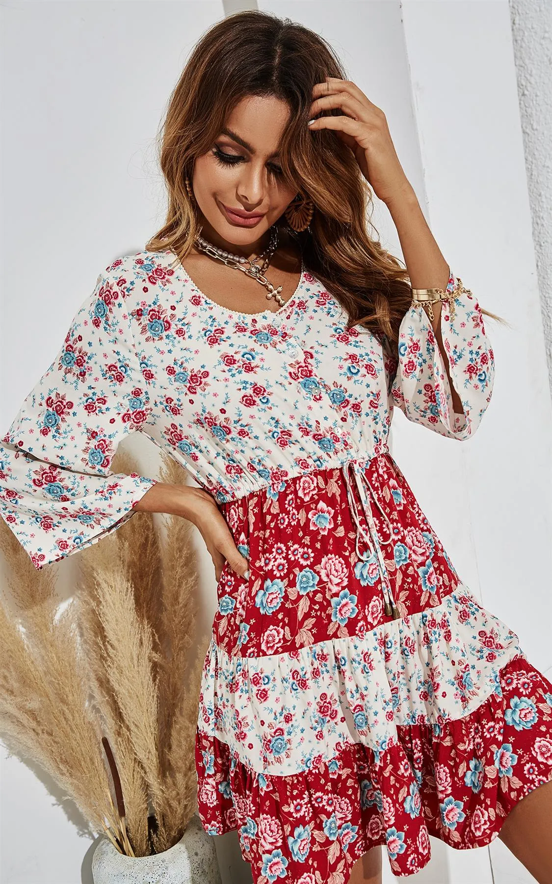 Red Floral Mini Boho Summer Dress In White