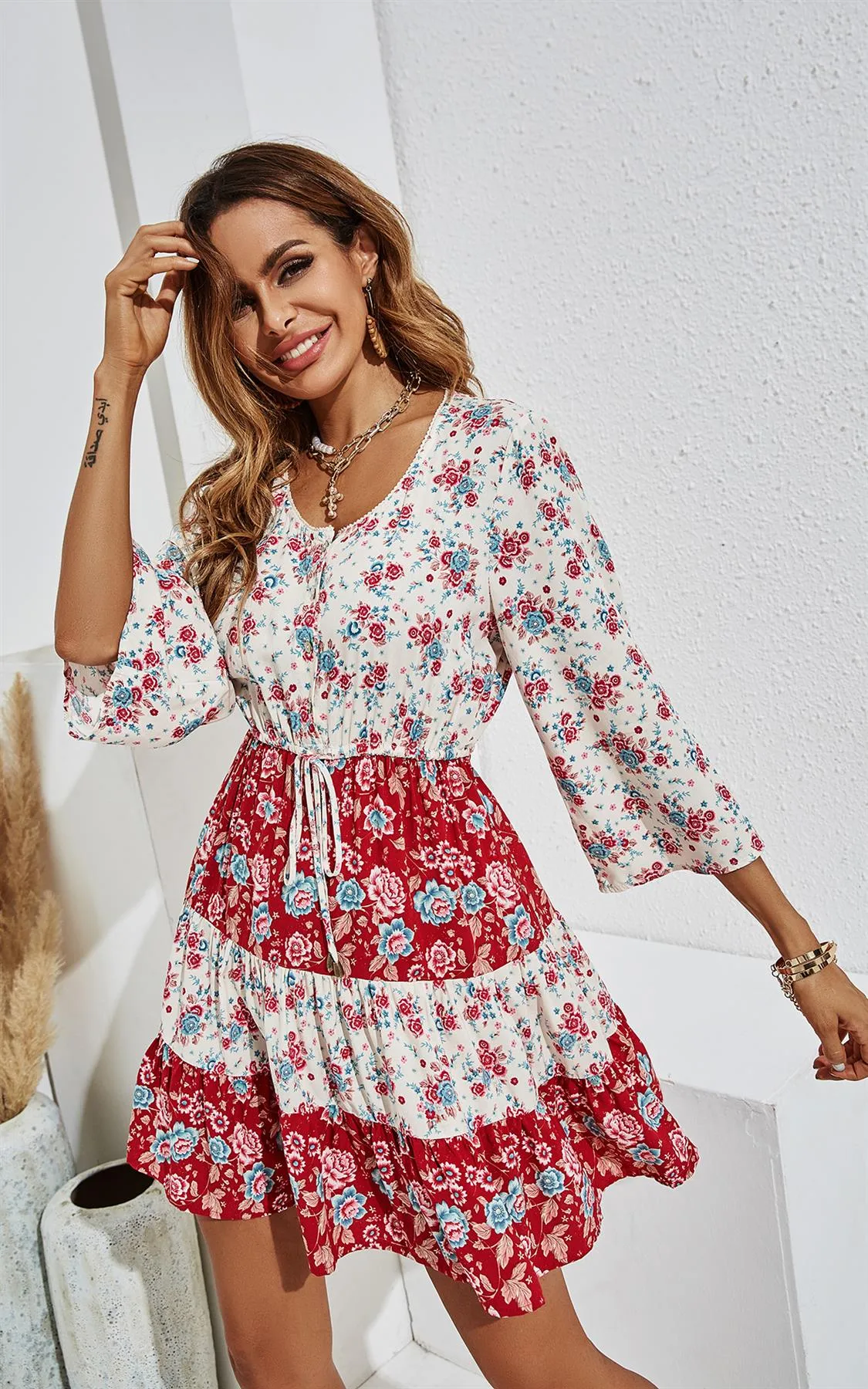Red Floral Mini Boho Summer Dress In White