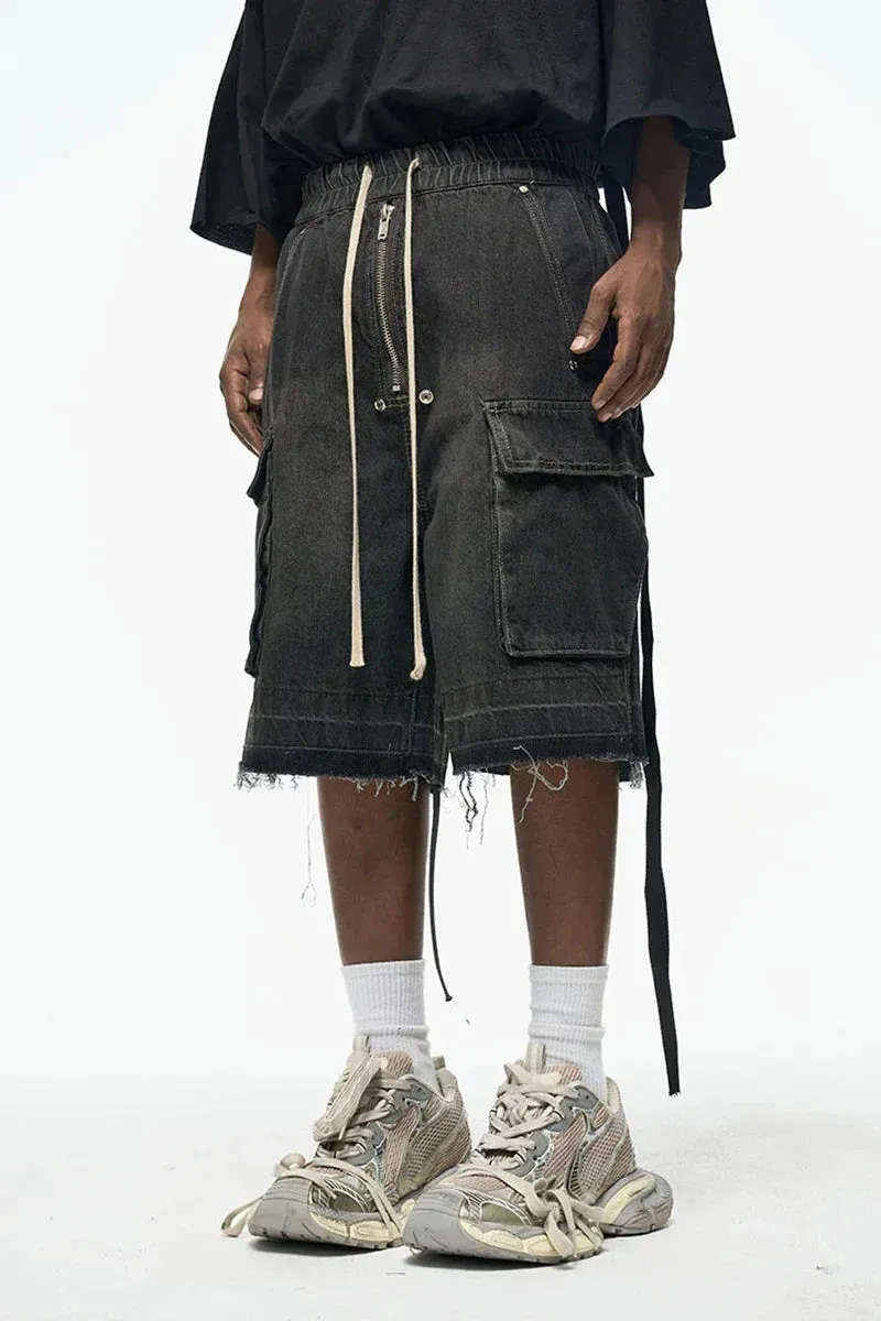 Rugged Denim Utility Shorts with Frayed Hem