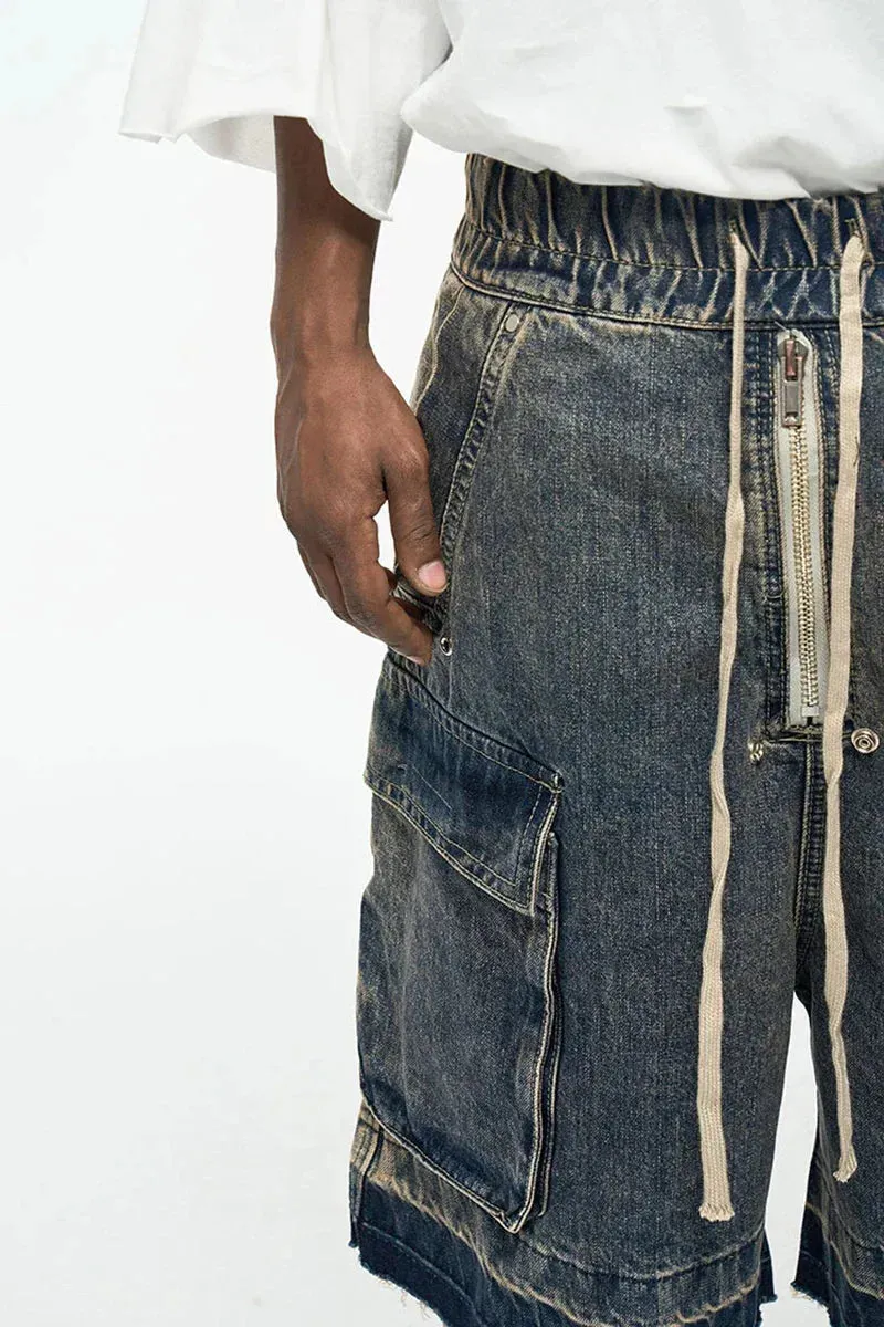 Rugged Denim Utility Shorts with Frayed Hem