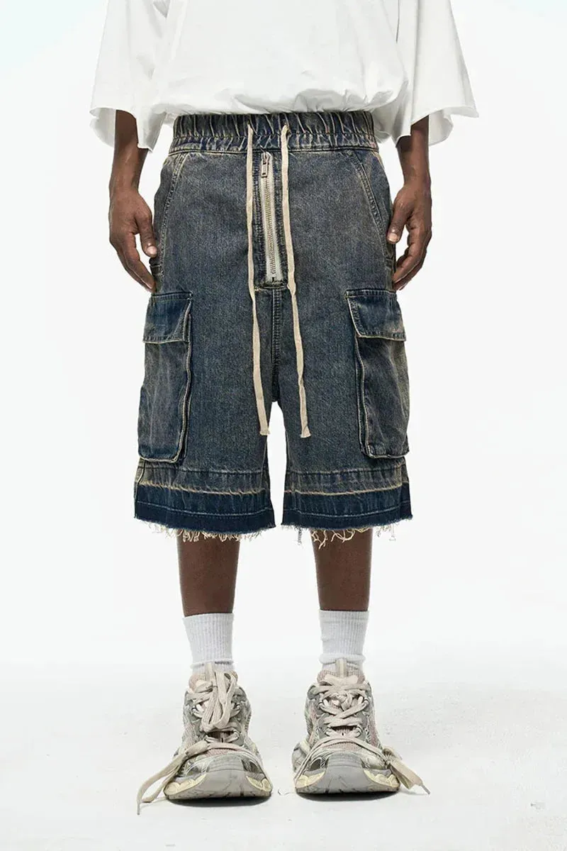 Rugged Denim Utility Shorts with Frayed Hem