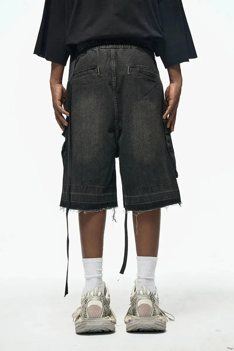 Rugged Denim Utility Shorts with Frayed Hem