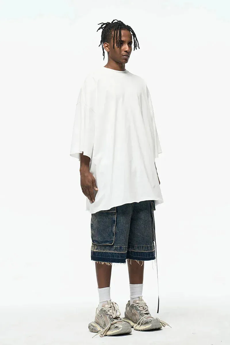 Rugged Denim Utility Shorts with Frayed Hem