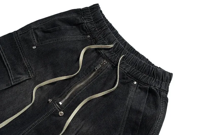 Rugged Denim Utility Shorts with Frayed Hem