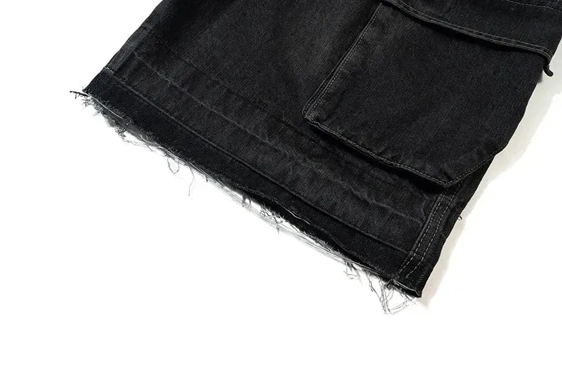 Rugged Denim Utility Shorts with Frayed Hem