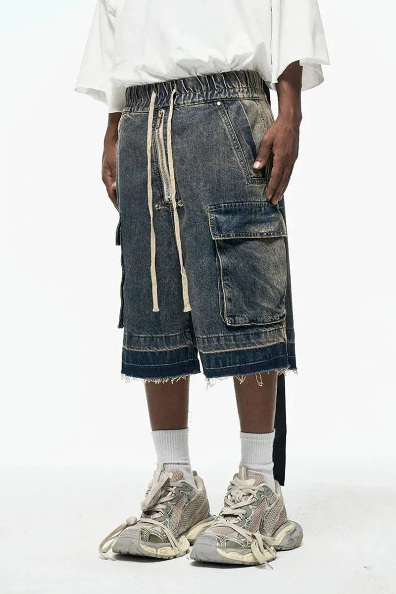Rugged Denim Utility Shorts with Frayed Hem
