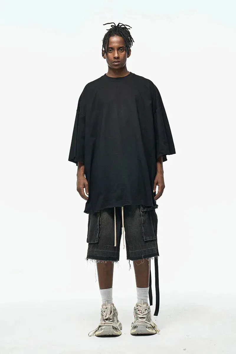 Rugged Denim Utility Shorts with Frayed Hem