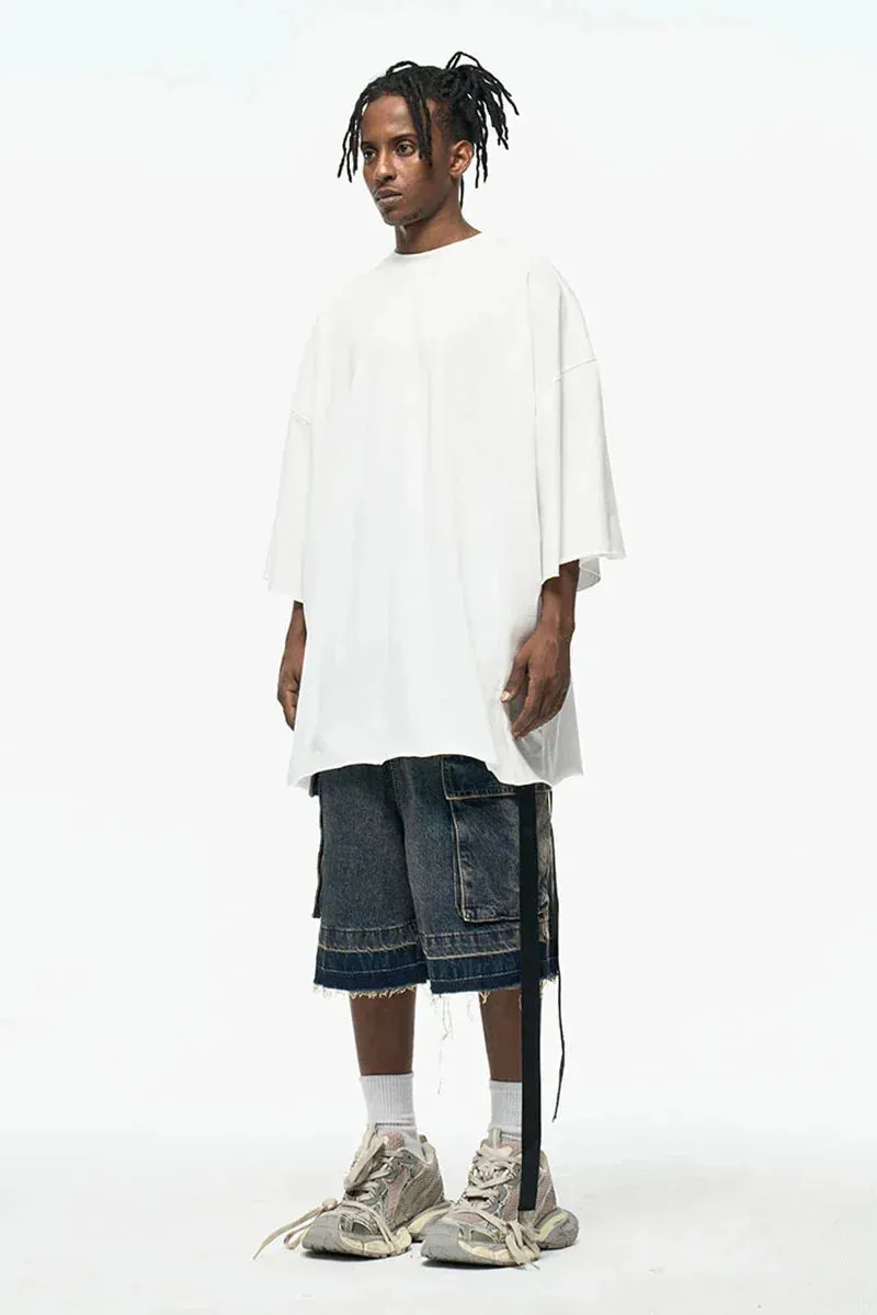 Rugged Denim Utility Shorts with Frayed Hem