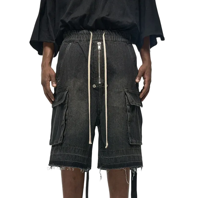 Rugged Denim Utility Shorts with Frayed Hem