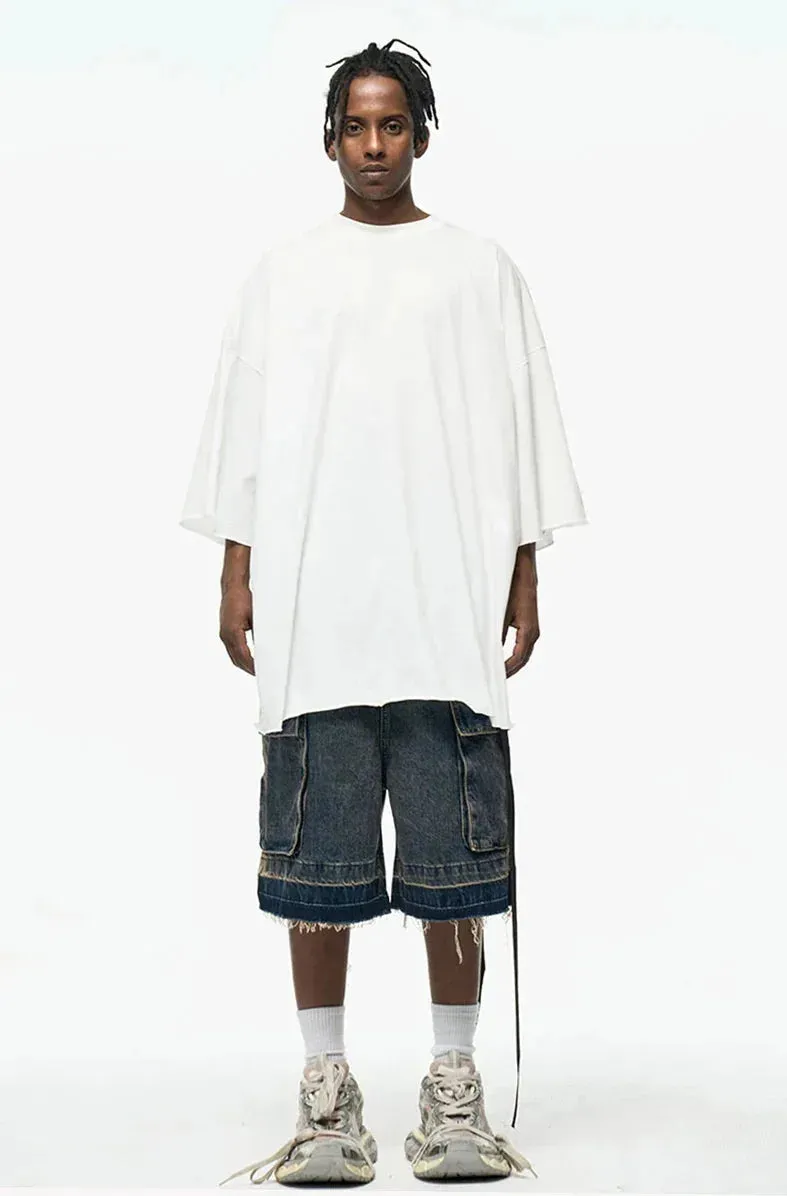 Rugged Denim Utility Shorts with Frayed Hem