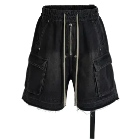 Rugged Denim Utility Shorts with Frayed Hem