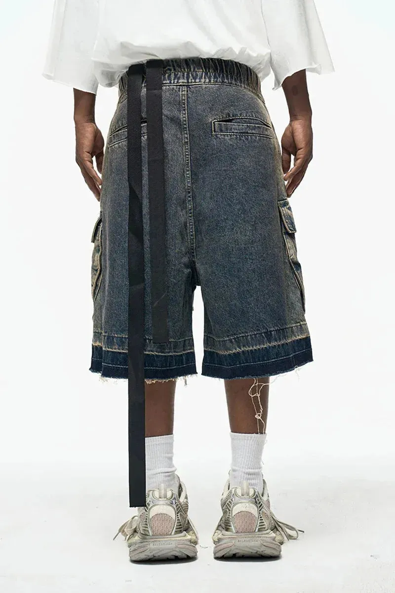 Rugged Denim Utility Shorts with Frayed Hem