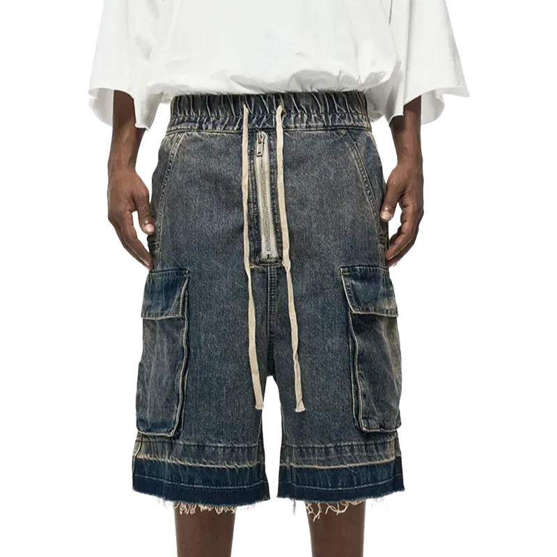 Rugged Denim Utility Shorts with Frayed Hem