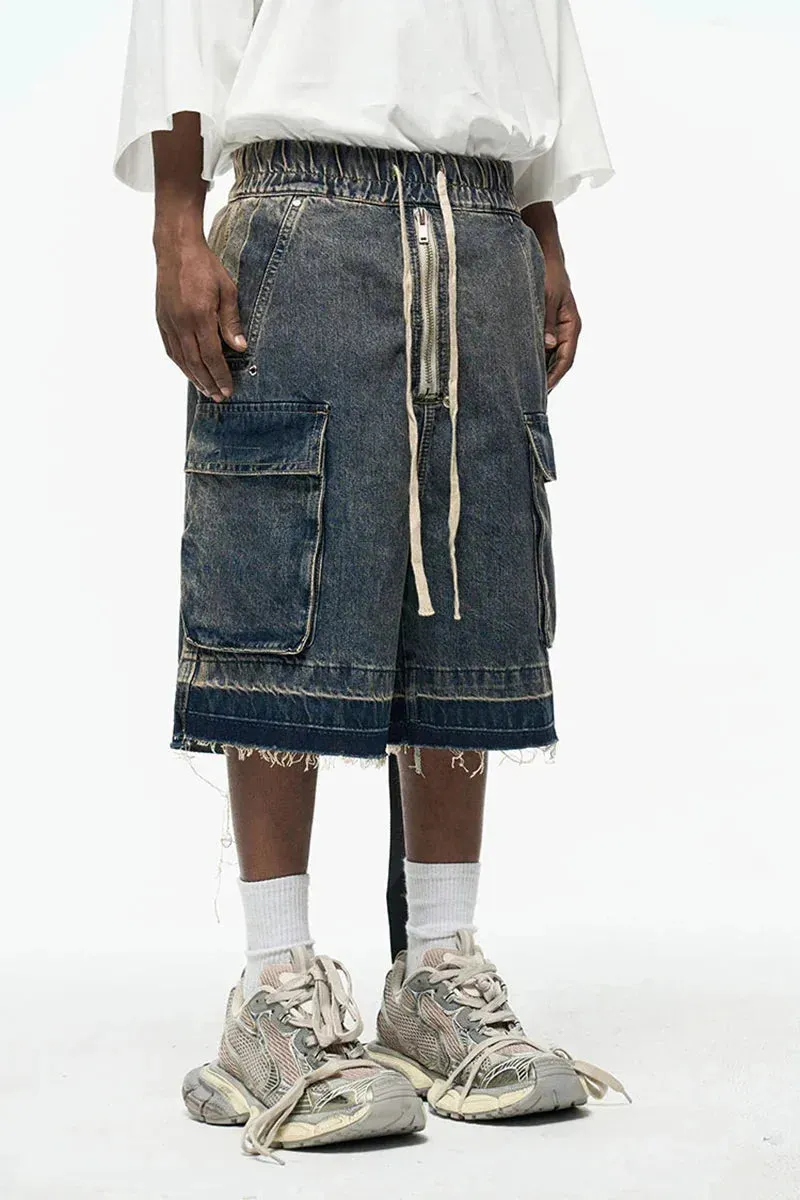 Rugged Denim Utility Shorts with Frayed Hem