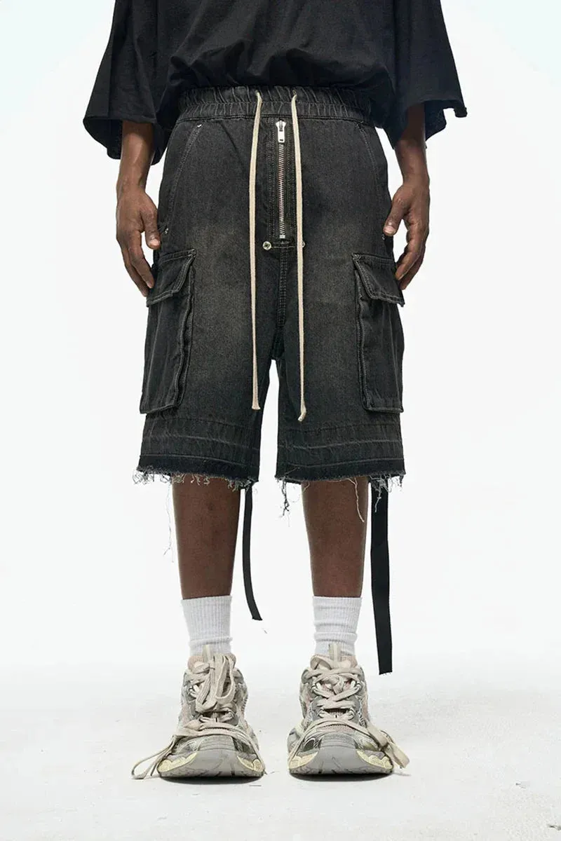 Rugged Denim Utility Shorts with Frayed Hem