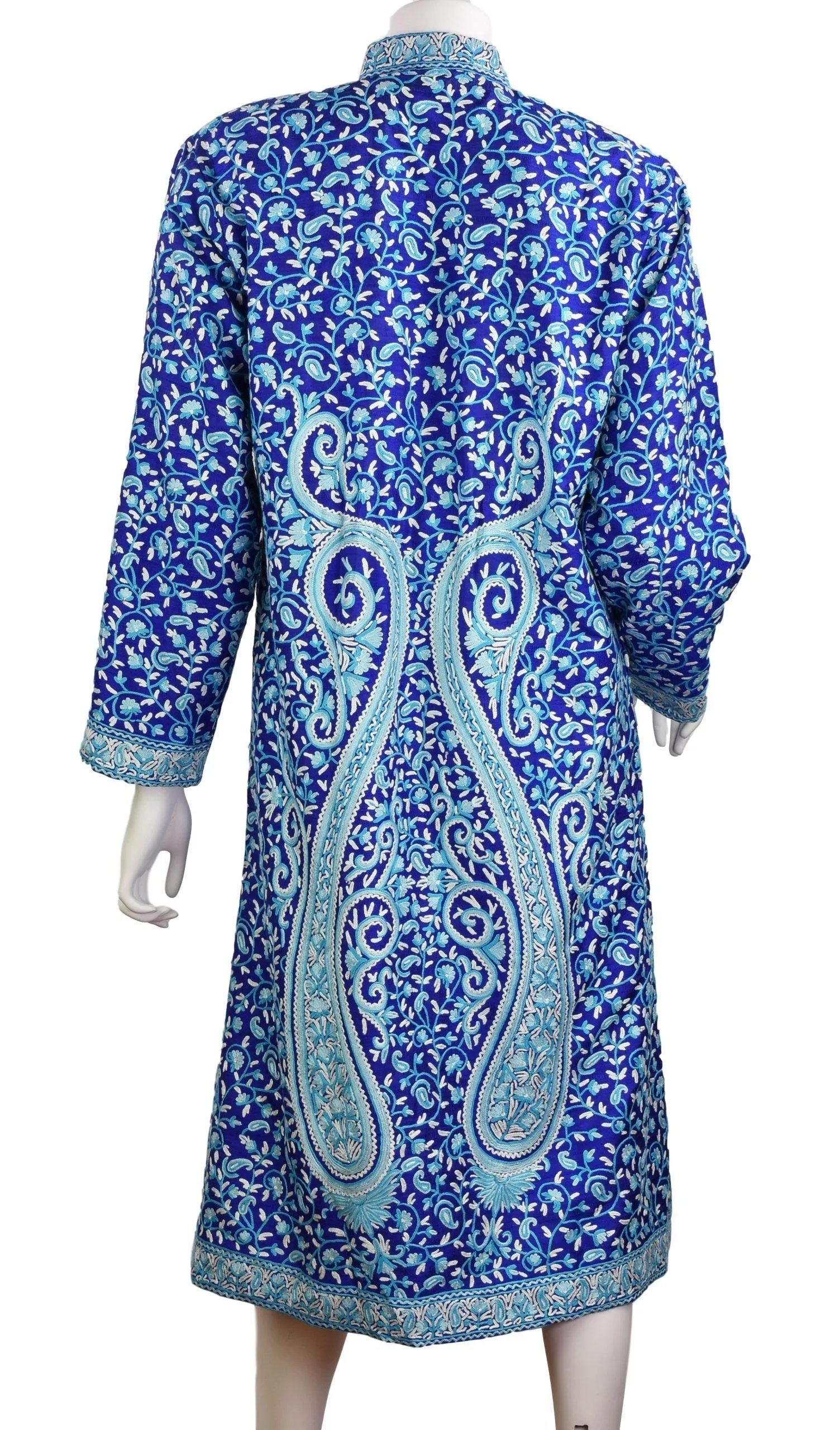 Selena Royal Blue Silk Jacket Dinner Paisley Floral Evening Dress Coat Hand Embroidered Kashmir
