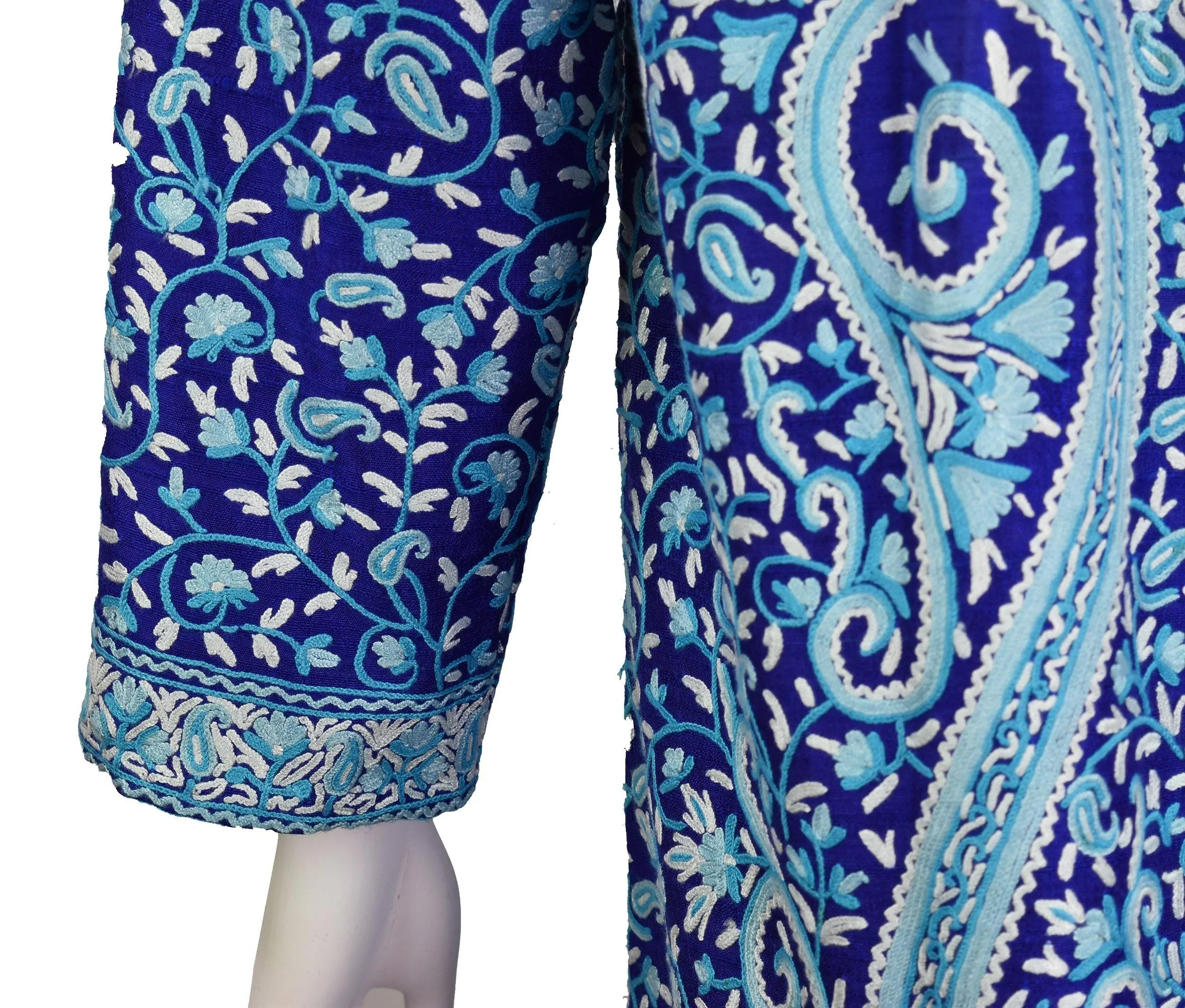 Selena Royal Blue Silk Jacket Dinner Paisley Floral Evening Dress Coat Hand Embroidered Kashmir
