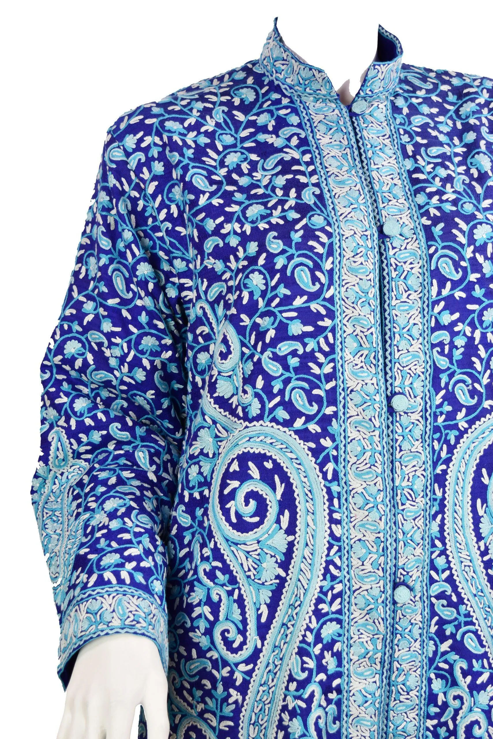 Selena Royal Blue Silk Jacket Dinner Paisley Floral Evening Dress Coat Hand Embroidered Kashmir