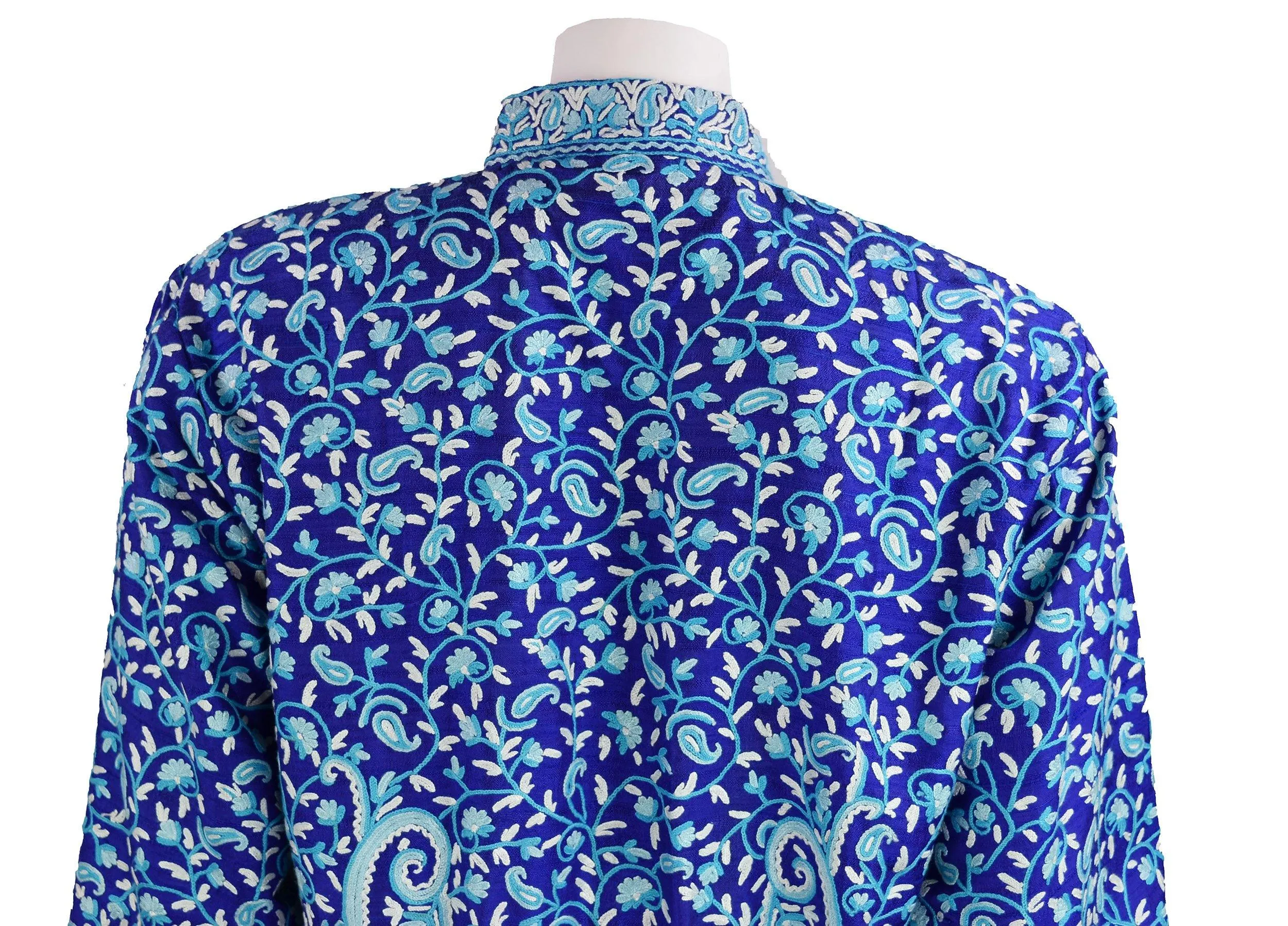 Selena Royal Blue Silk Jacket Dinner Paisley Floral Evening Dress Coat Hand Embroidered Kashmir