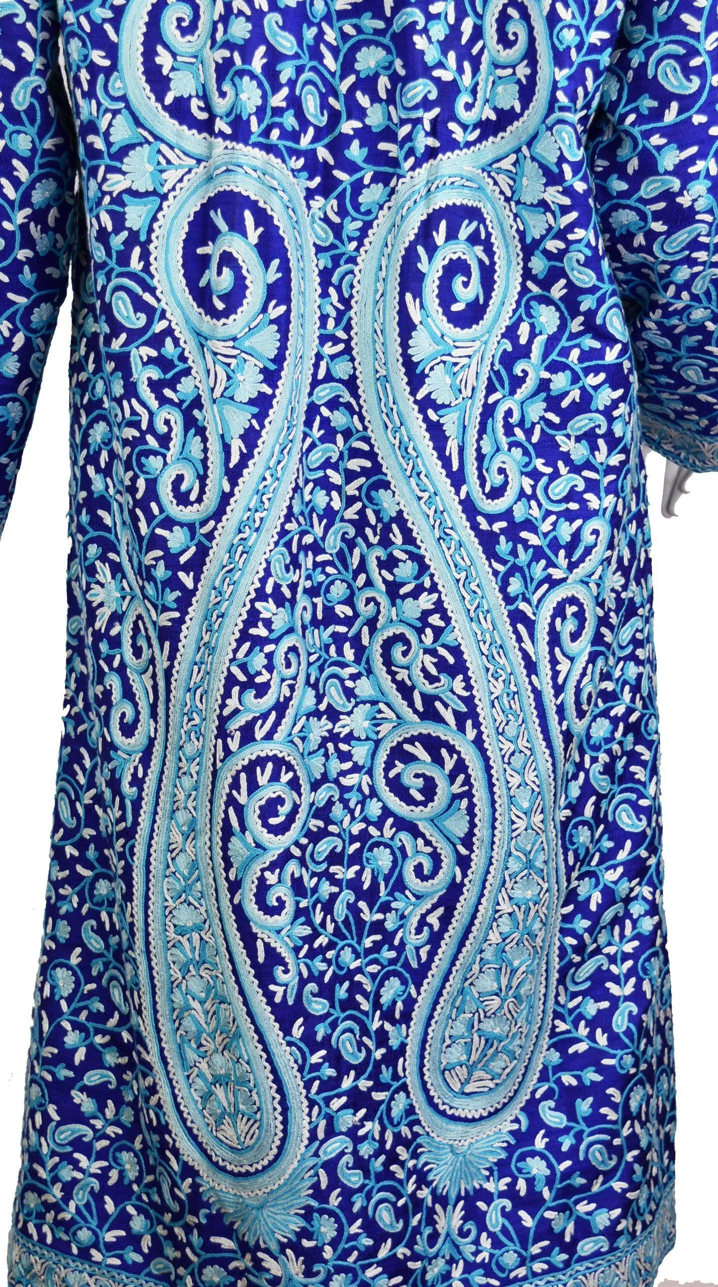 Selena Royal Blue Silk Jacket Dinner Paisley Floral Evening Dress Coat Hand Embroidered Kashmir